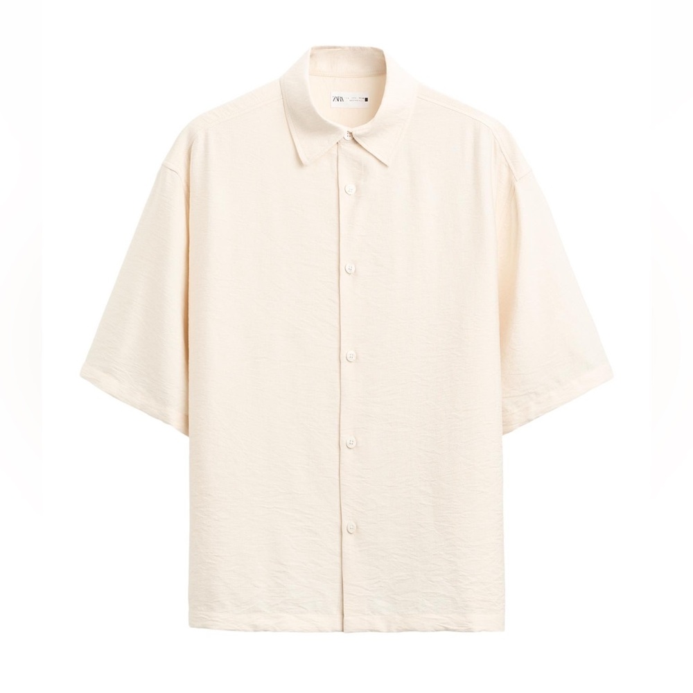 Zara Light Cream Short-Sleeve Button-Down Shirt